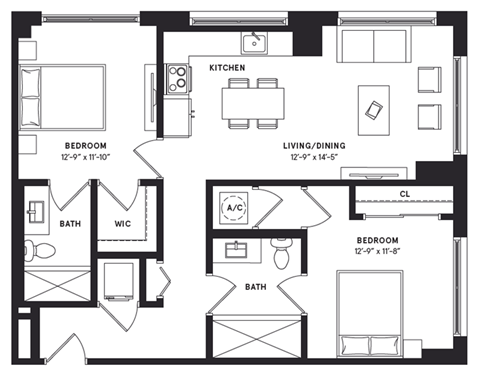 Floor plan for 2 beds, 2 baths, 1026 sqft